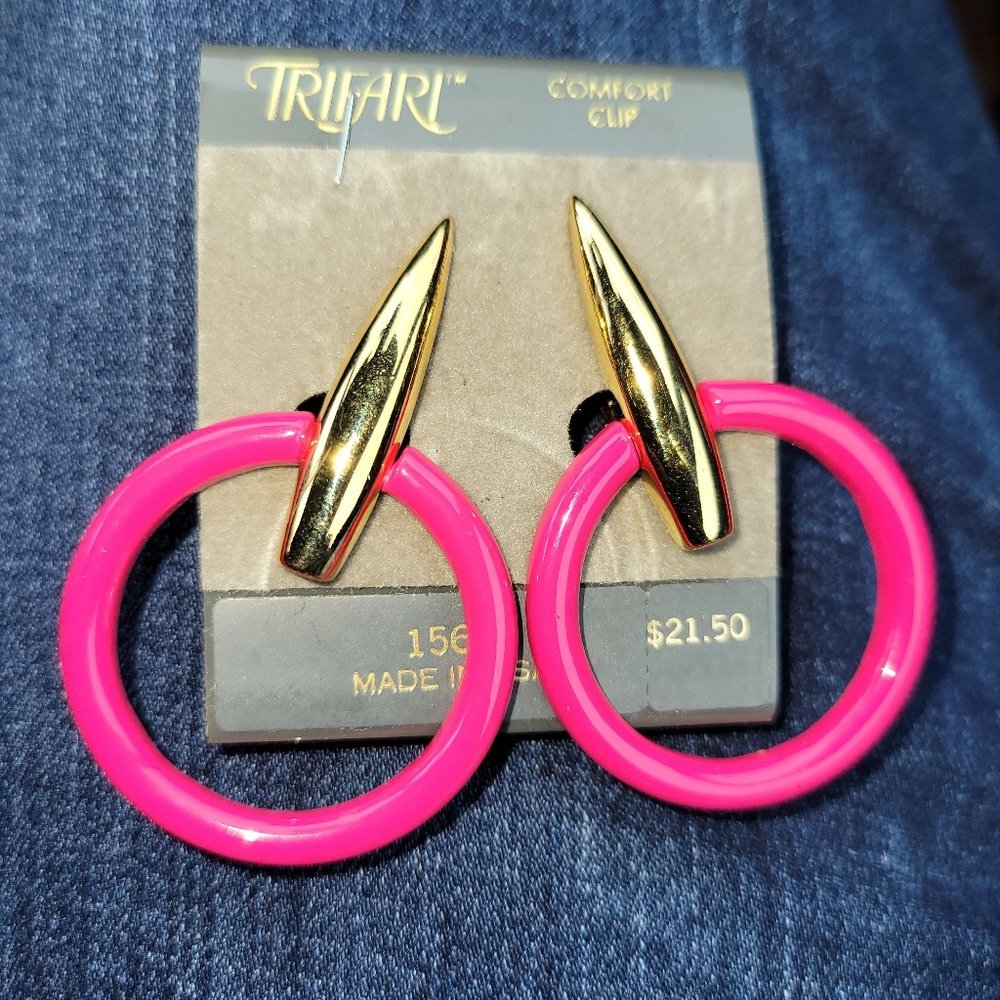 Vintage Trifari Pink Hoop Earrings